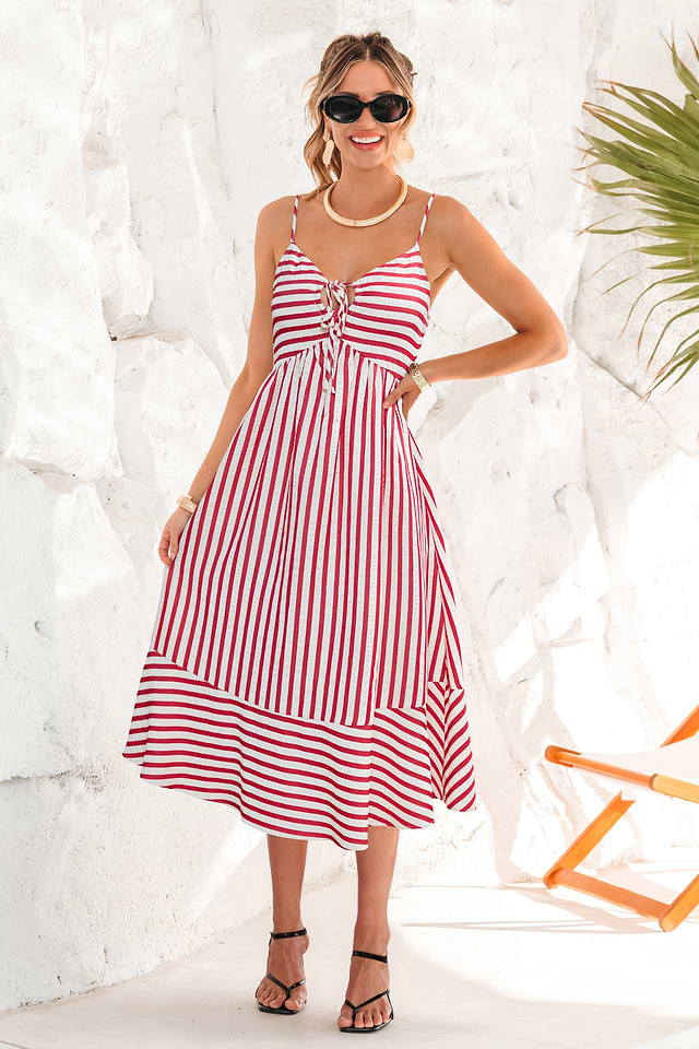 striped sleeveless midi dress Striped V-Neck Sleeveless Midi Dress for Day to Night