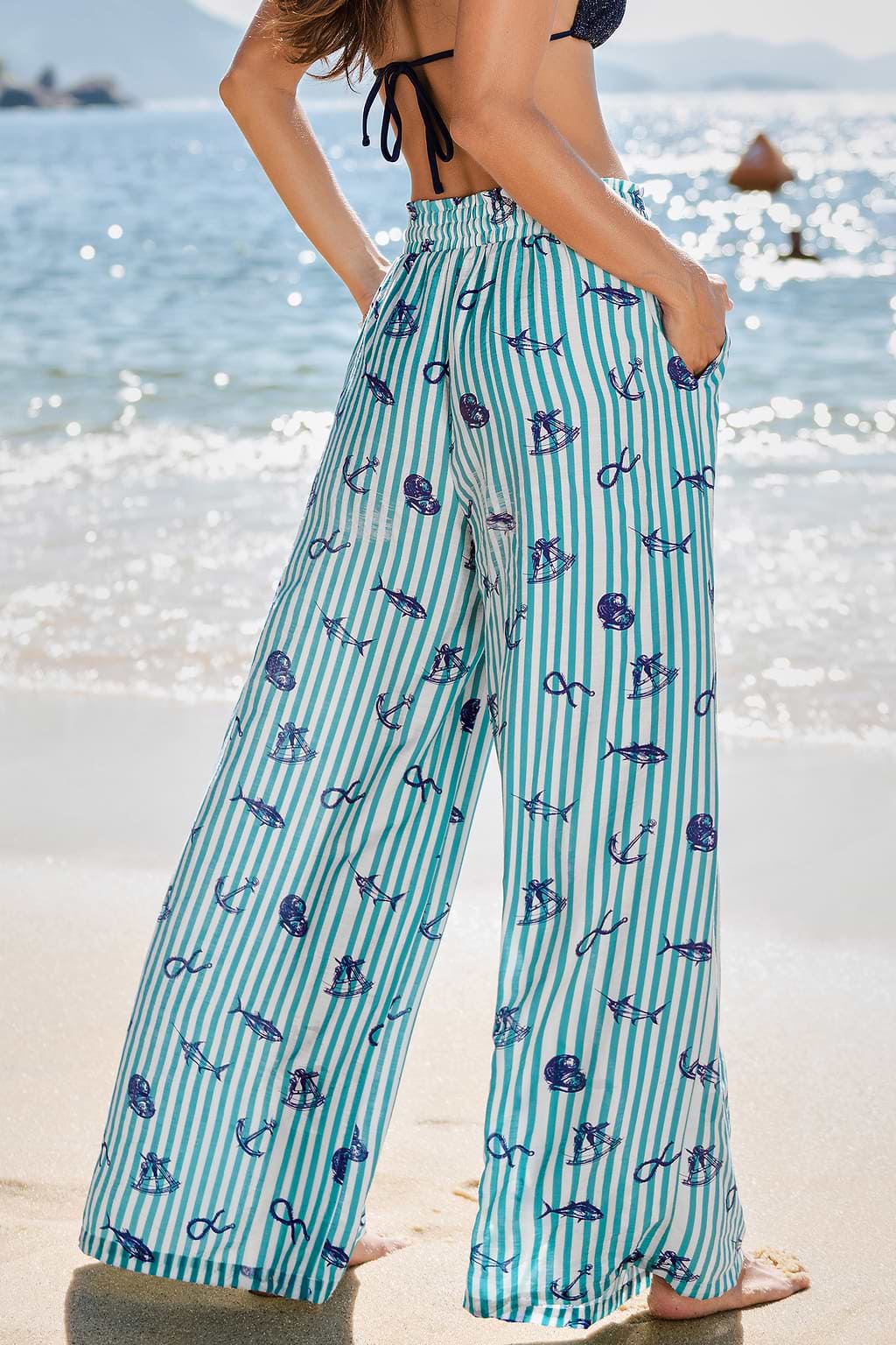 Blaue Gestreifte Gesmokter Bund Stoffhose