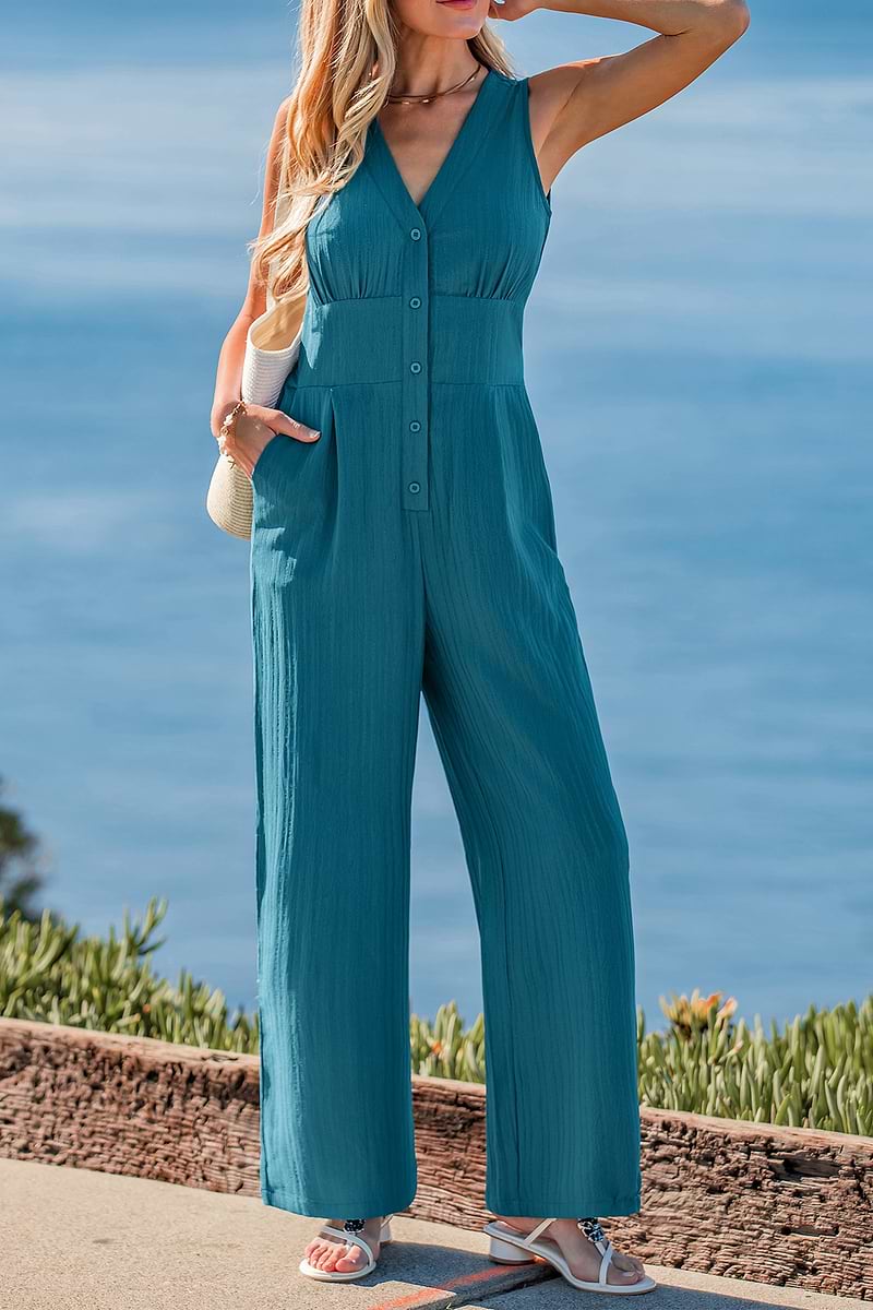 Blauer Ärmelloser Elastischer Bund Jumpsuit