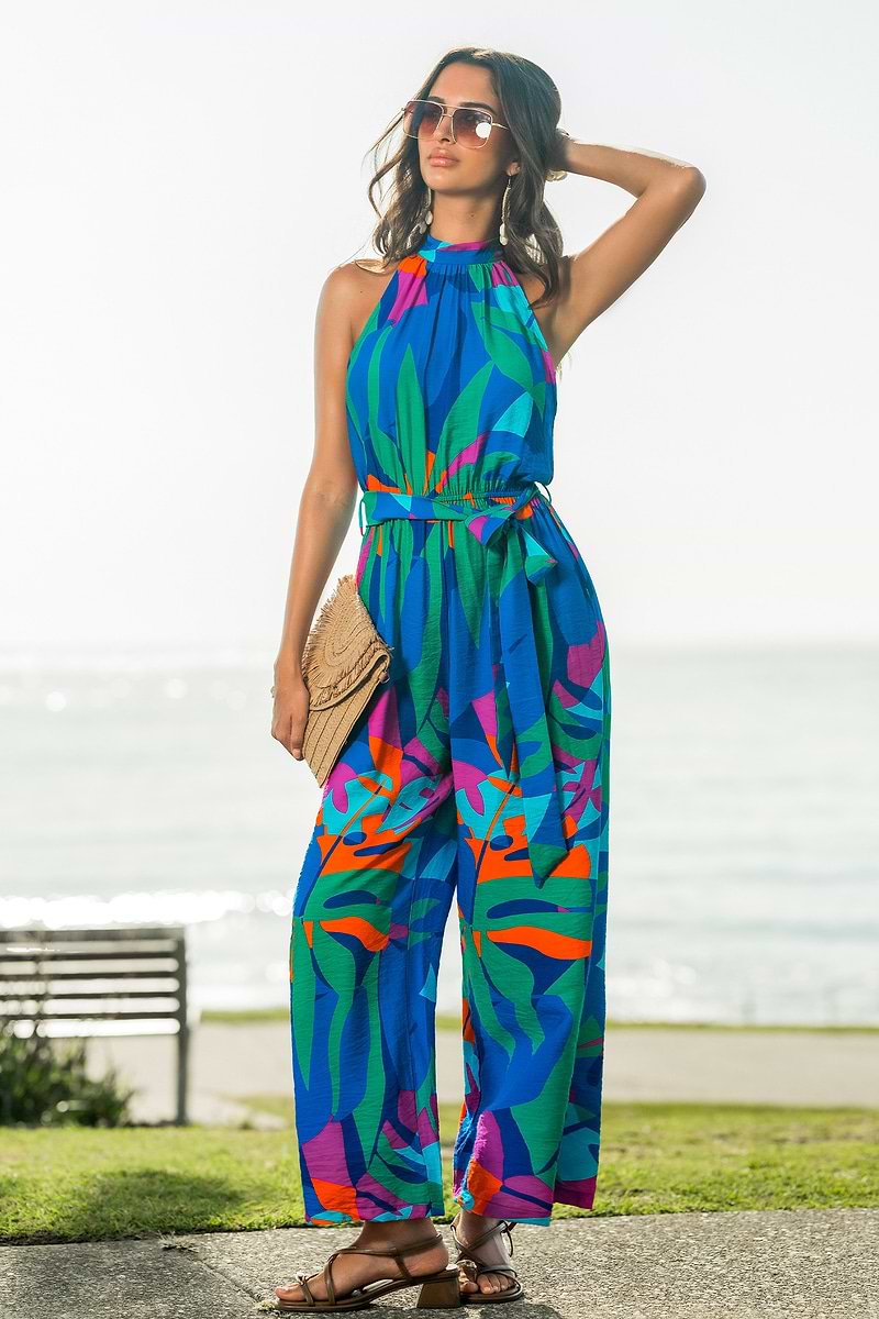 Blauer Tropischer Ärmelloser Jumpsuit mit Taillenband