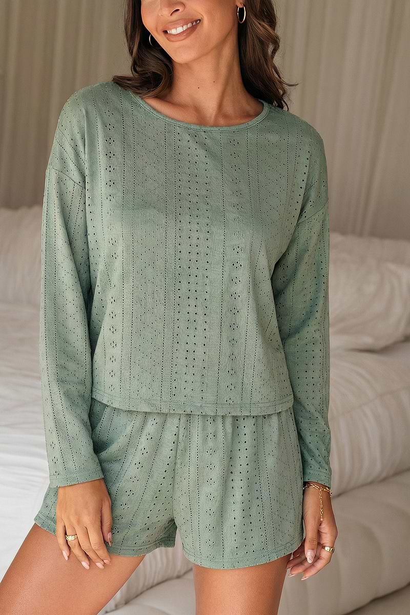 Grünes Langarm Rundhals Pyjama-Set