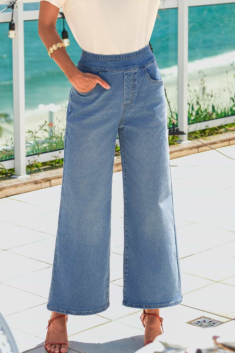 Blaue Elastischer Bund Wide-Leg Jeanshose