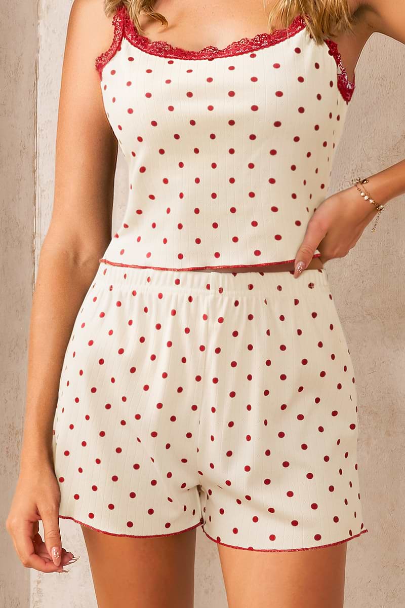Polka Dot Pyjama-Set mit Spitzenbesatz