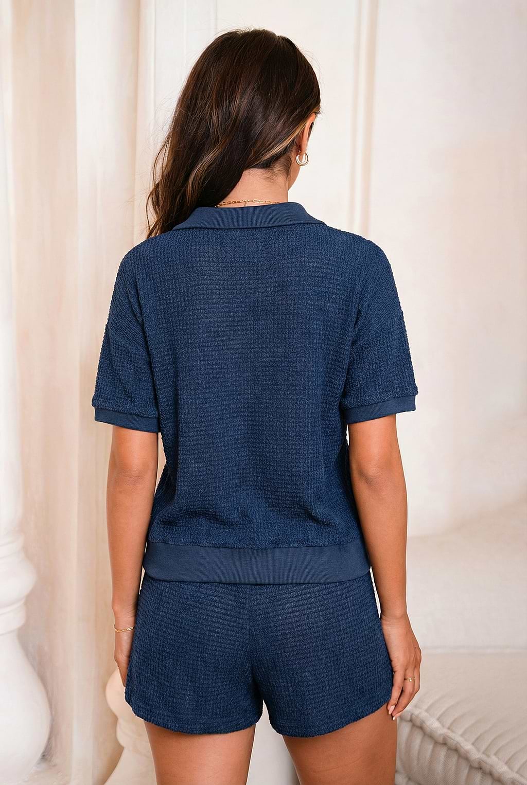 Blaues Kurzarm Pyjama-Set aus Waffelstrick