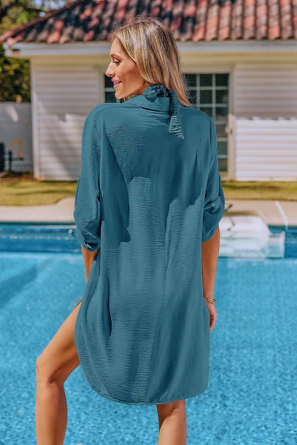Robe cover up courte bleue col chemise