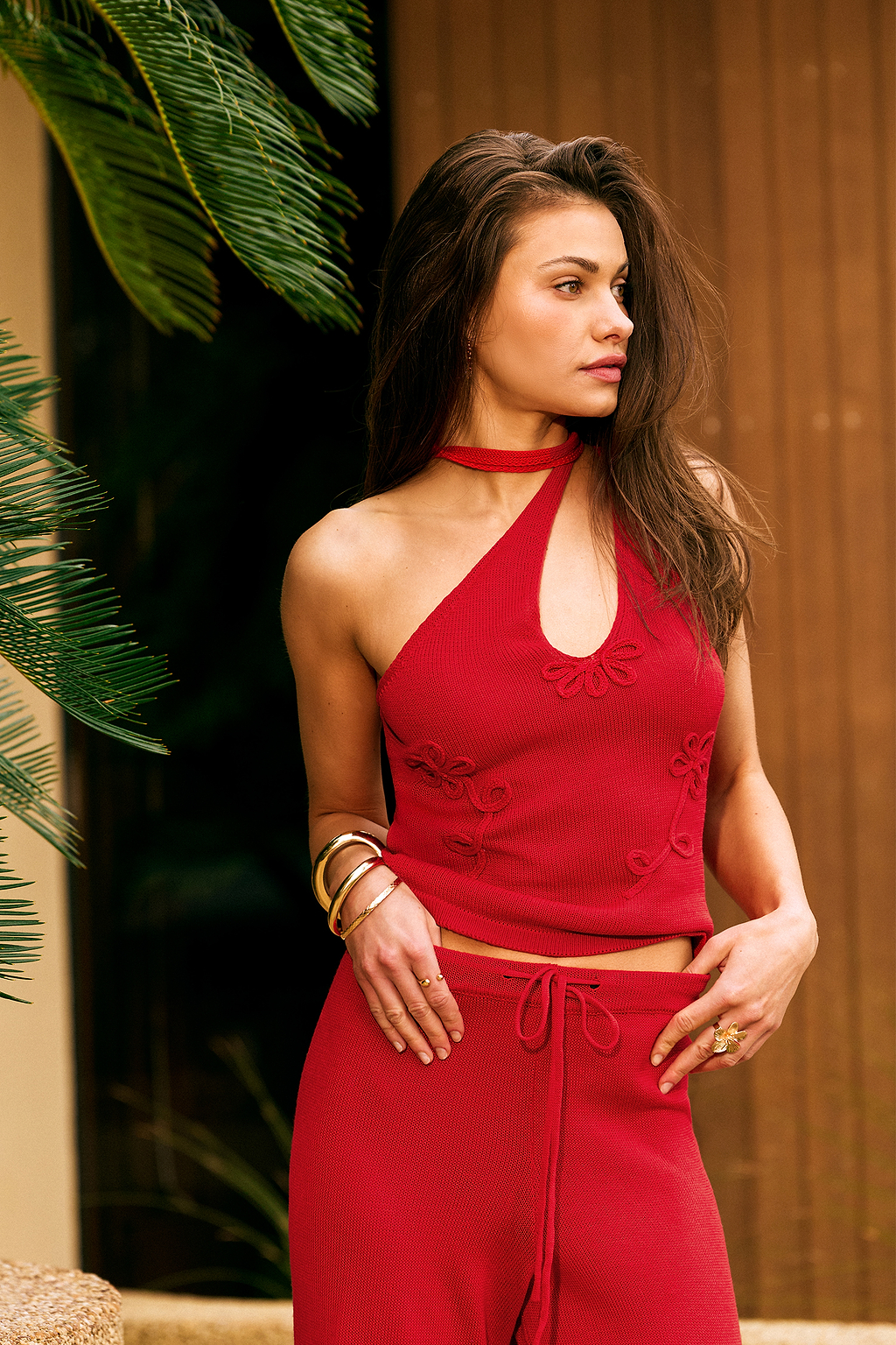 Rotes Hoher Ausschnitt Ärmelloses Strandtop mit Cut-outs
