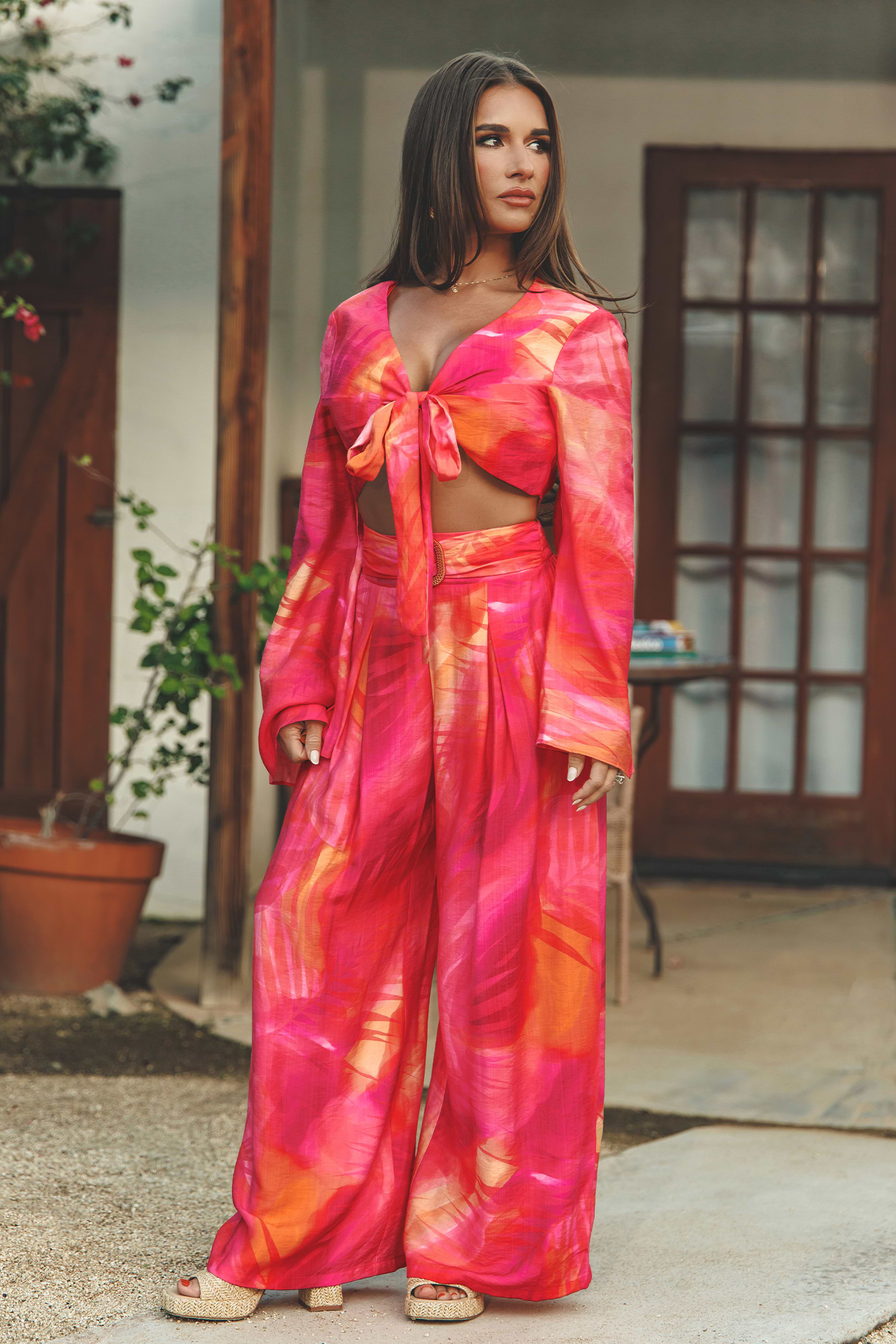 Tropical Smocked Waist Wide-Leg Pants for Vacation