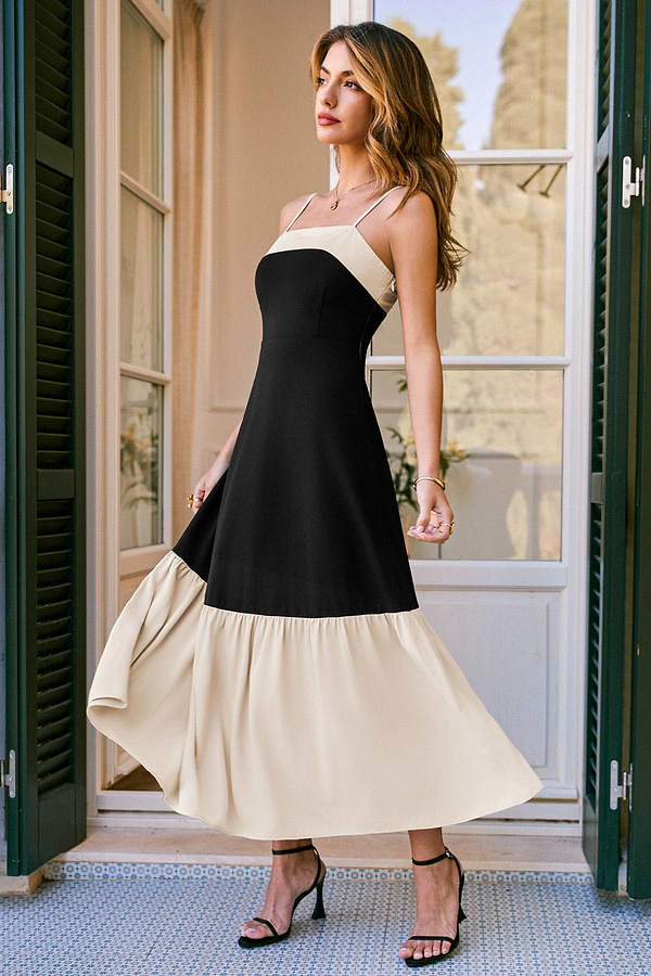 cocktail dresses 2 day shipping Sleeveless Square Neck Colorblock Maxi Dress for Vacation