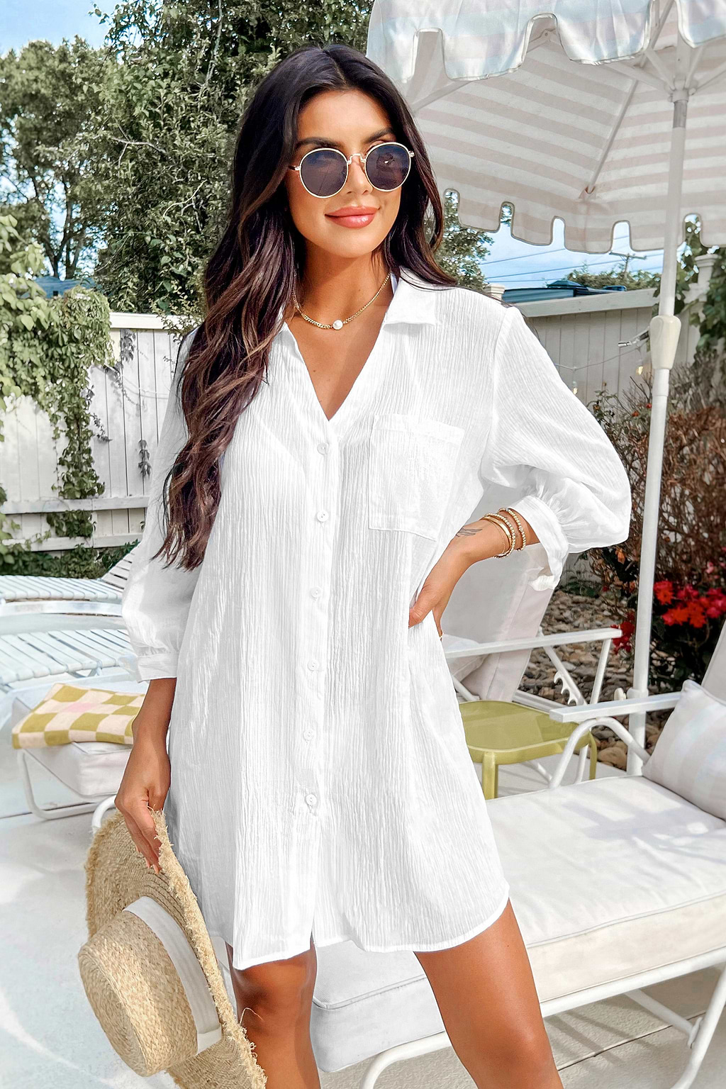 Seersucker Tie Cuff Cover-Up Dress