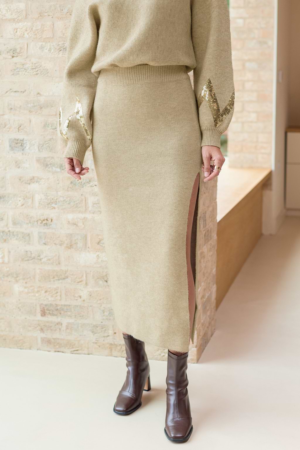 Khaki Split Hem Maxi Sweater Skirt
