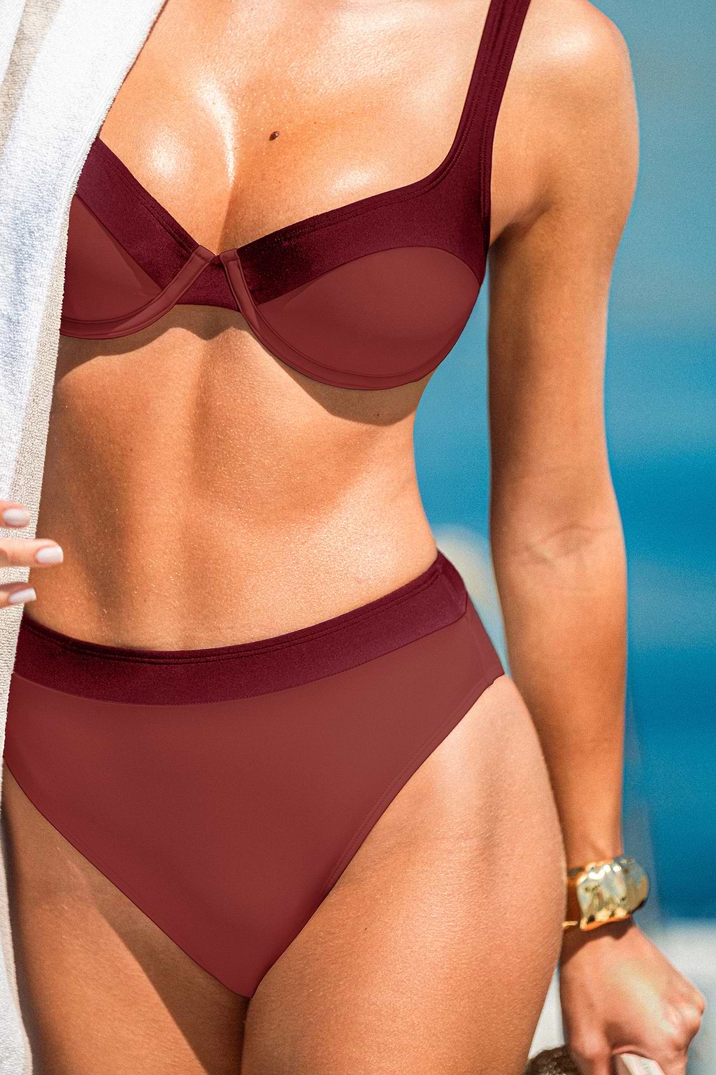 Rotes High-Waist Verstellbare Träger Bügel-Bikini-Set