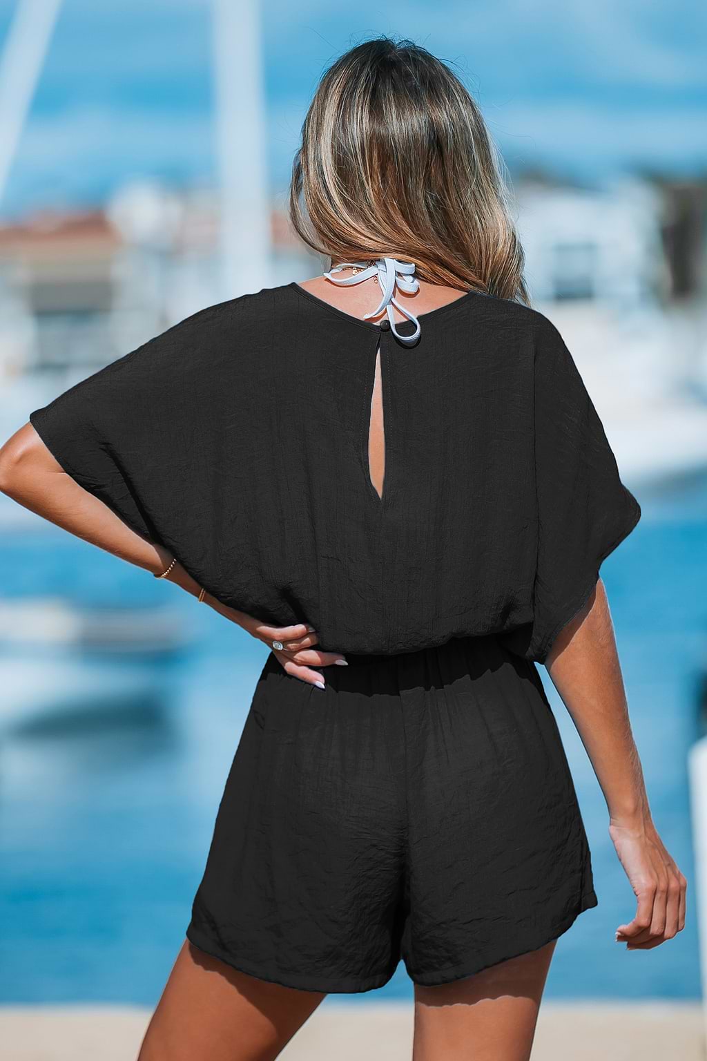 Black Plunging Tassel Tie Cover-Up Romper