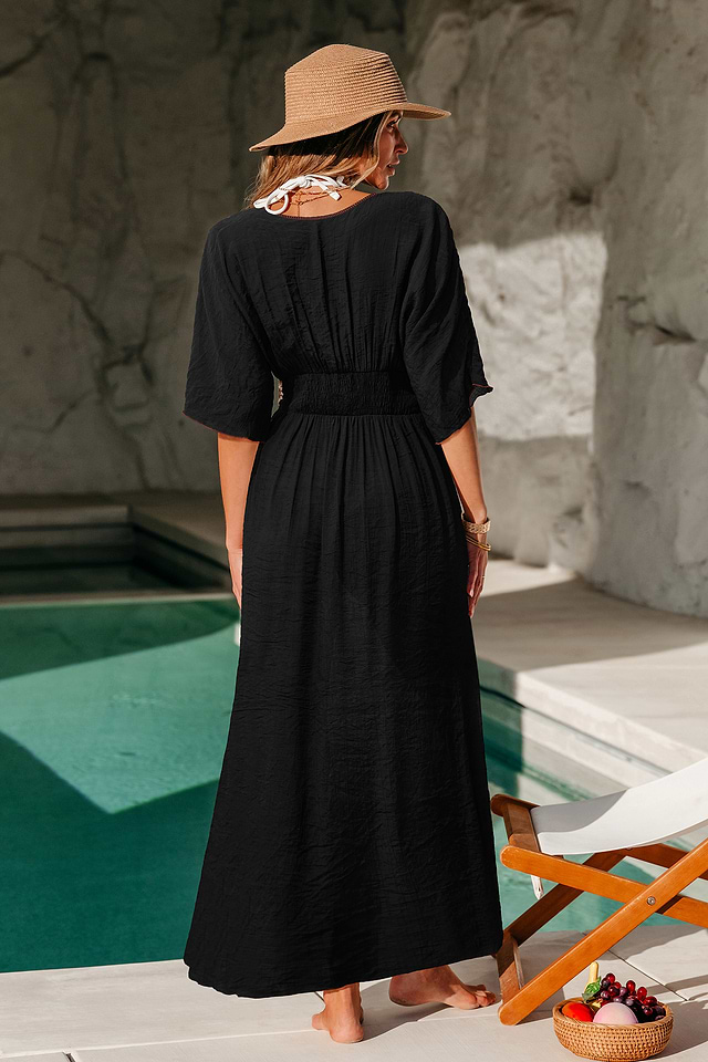 bohemian black dress Short Black Lace Wedding Guest Dress with Long Sleeves– PromGirl