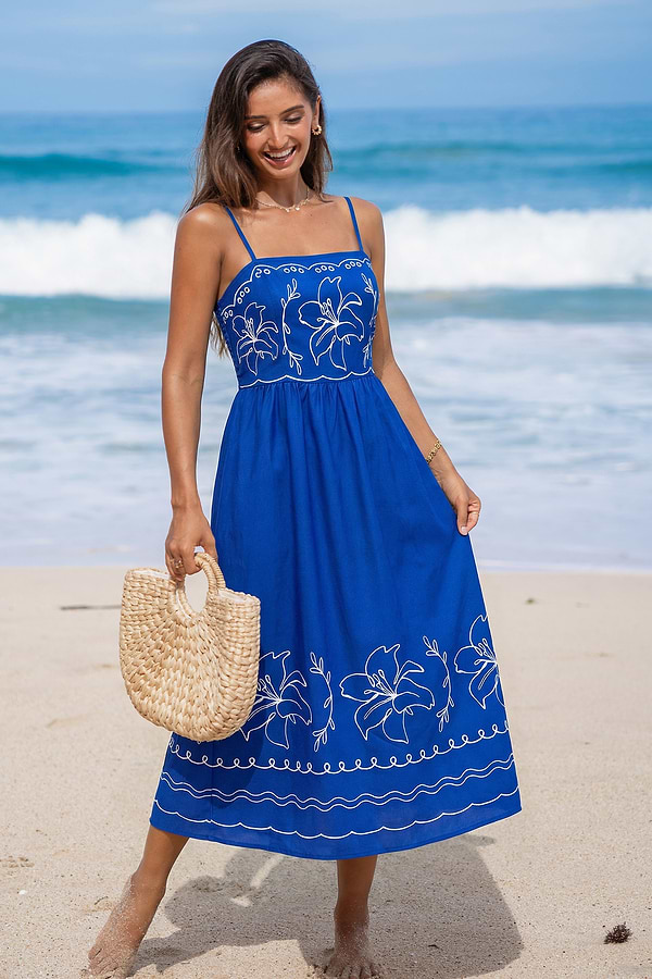 midi dress beach Blue Floral Square Neck for Vacation elevated by a modern