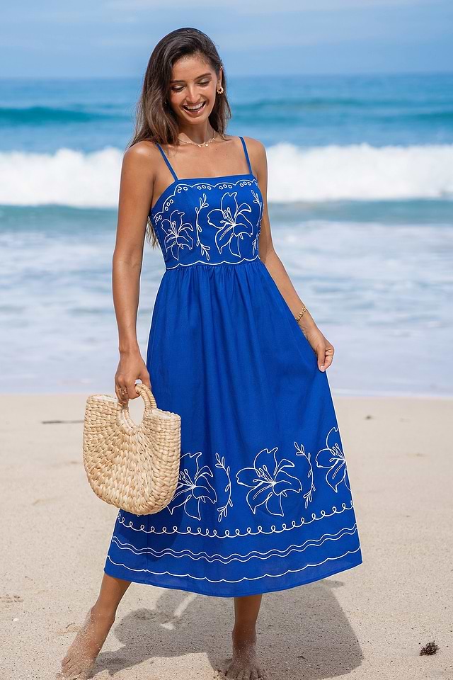 midi dress beach Blue Floral Square Neck Midi Dress for Beach Vacation