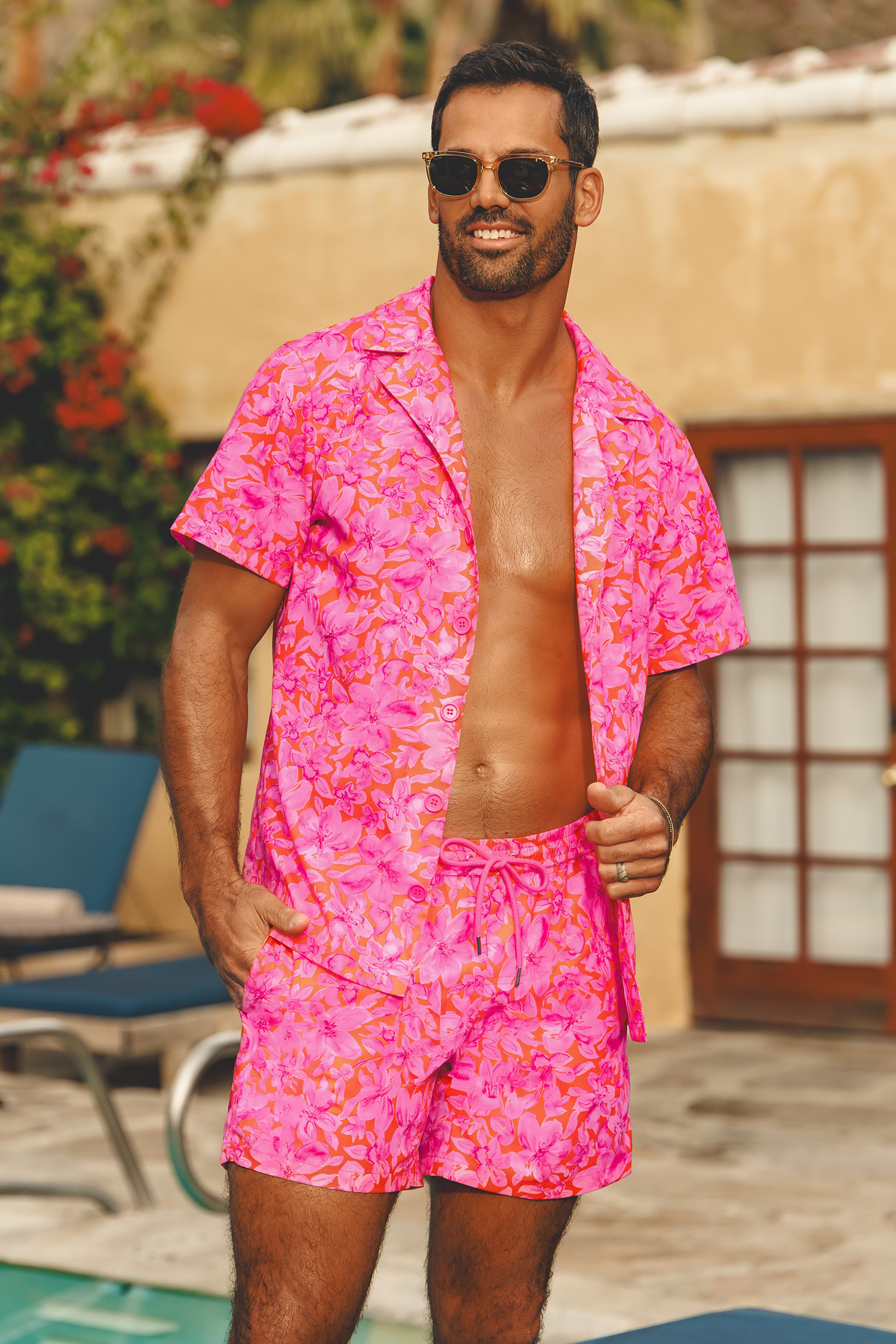 Pink Abstract Board Shorts with Drawstring Waist