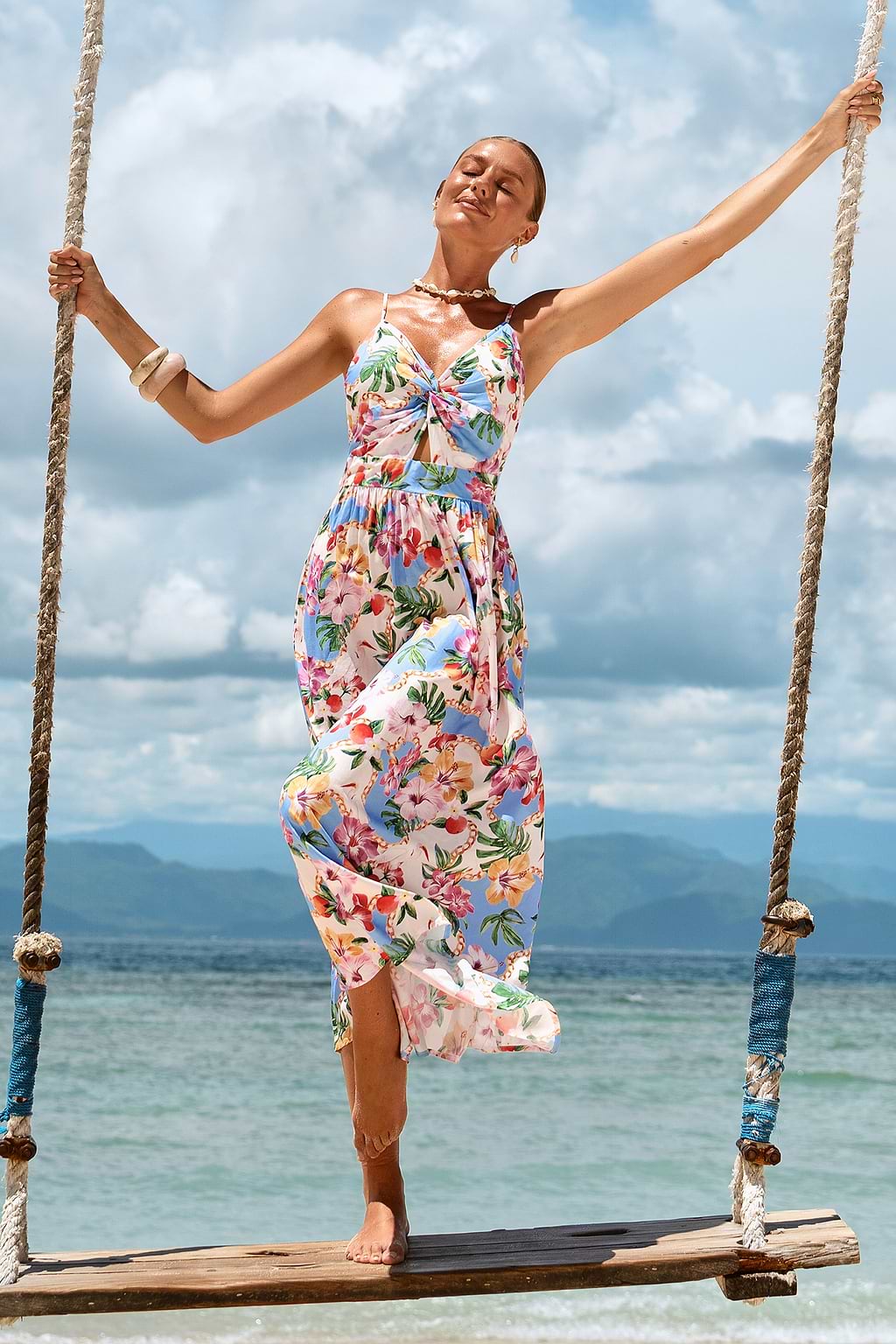 Tropisches Ärmelloses Cut-out Maxikleid