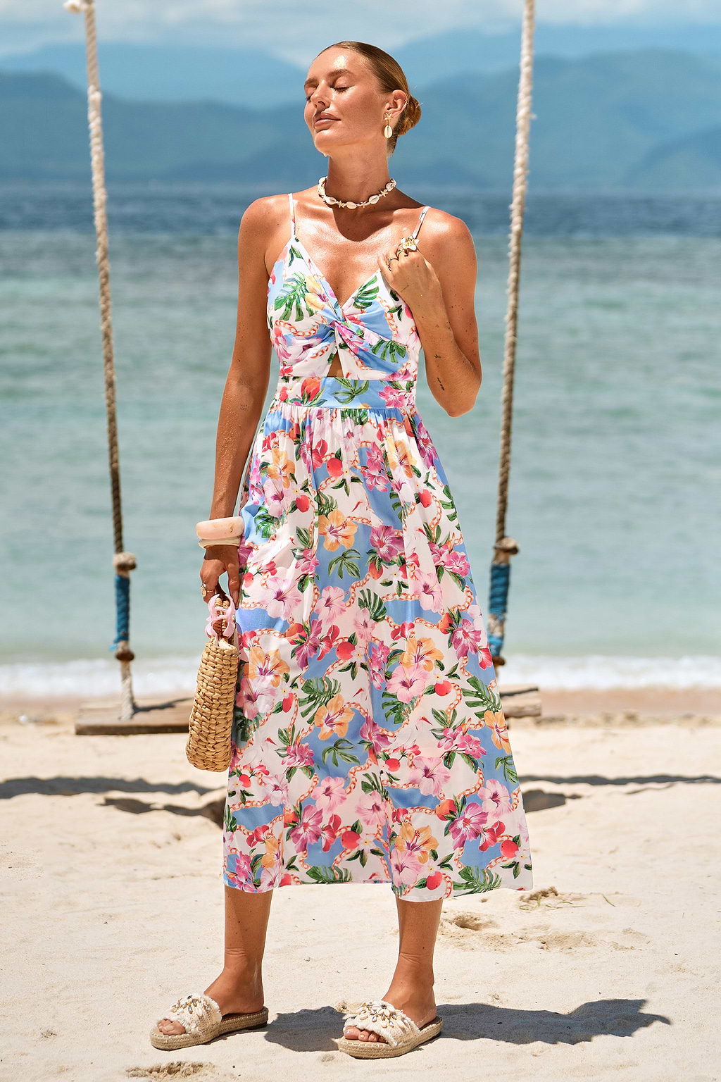 Tropisches Ärmelloses Cut-out Maxikleid