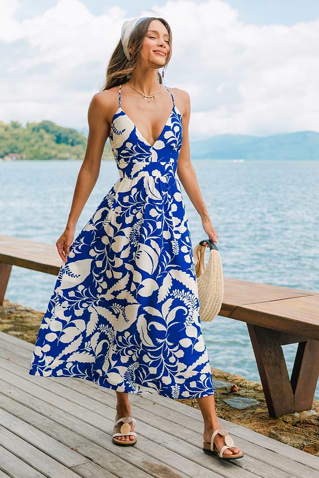 tropical evening dress Long Cap Sleeve Tropical Print Maxi Dress main image 0