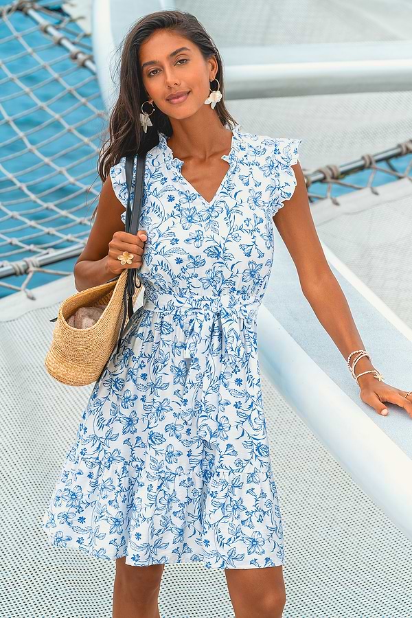 Blue Ditsy Floral V-Neck Mini Dress