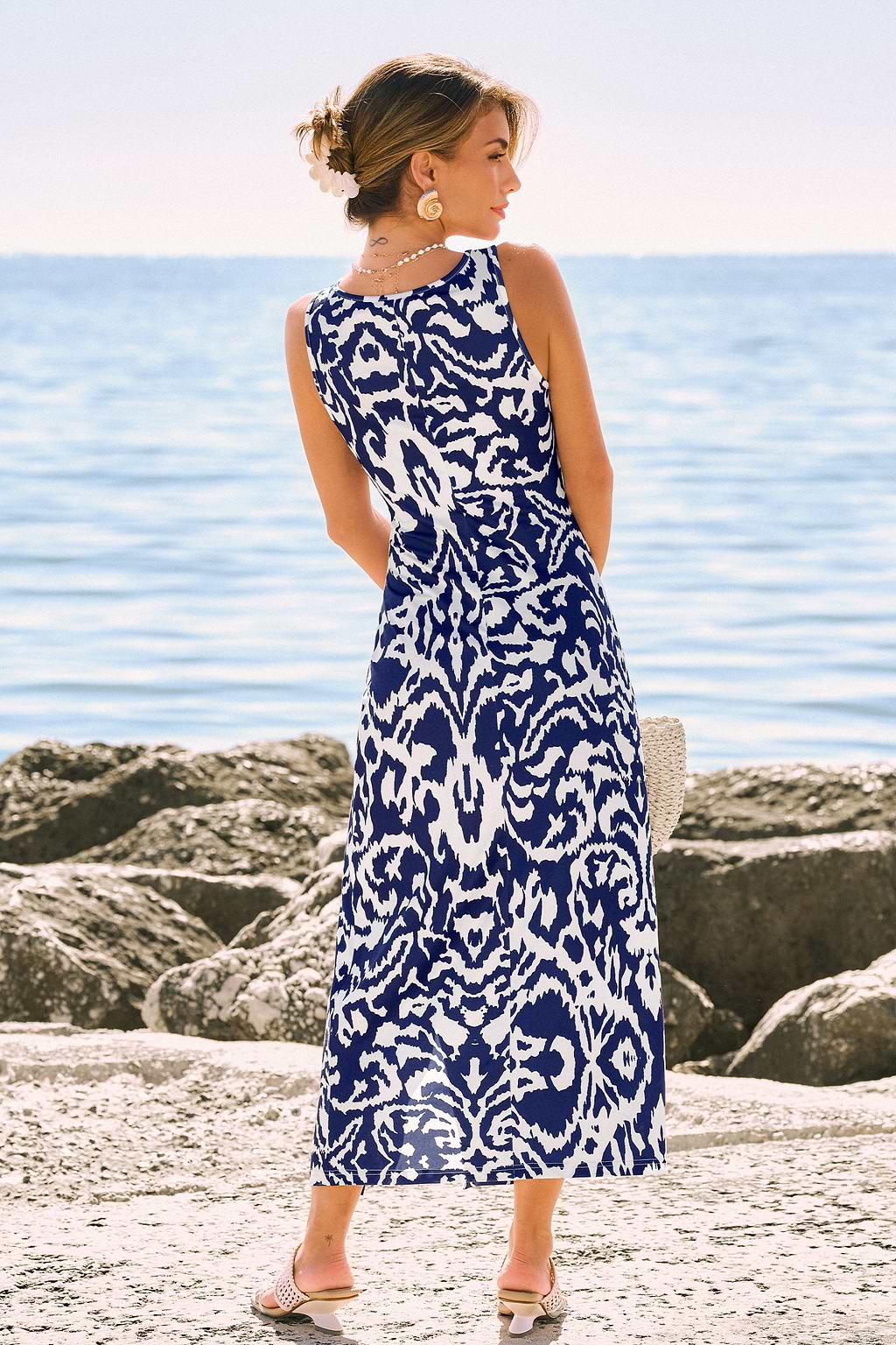 Blau-Weißes Tiefer Ausschnitt Midi-Strandkleid mit Seitenschlitz