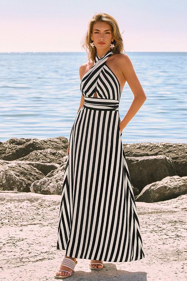 beach striped dress Striped Halter Maxi Dress with Cutout for Resort Vacation