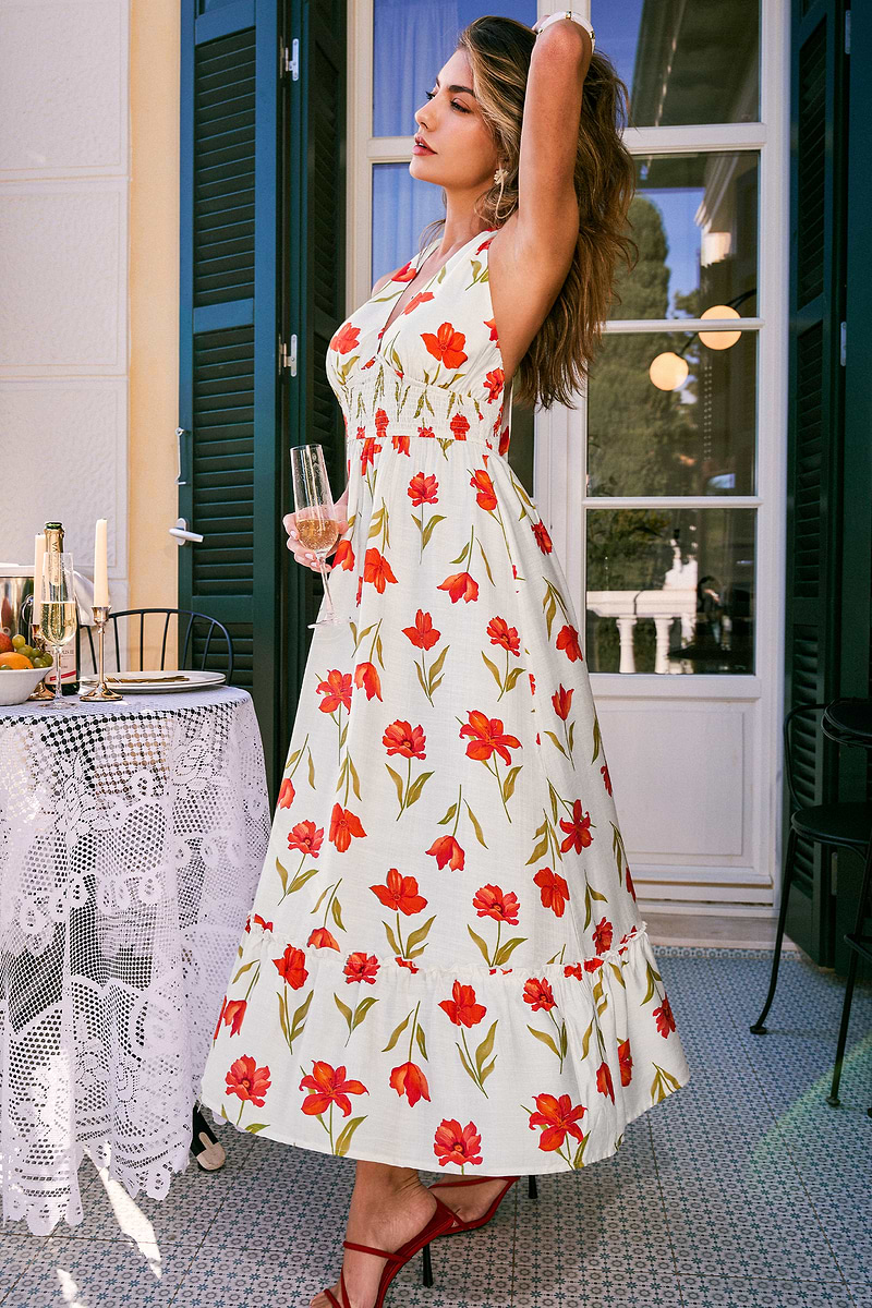 Geblümtes Ärmelloses Tiefer Ausschnitt Gesmokter Bund Midikleid