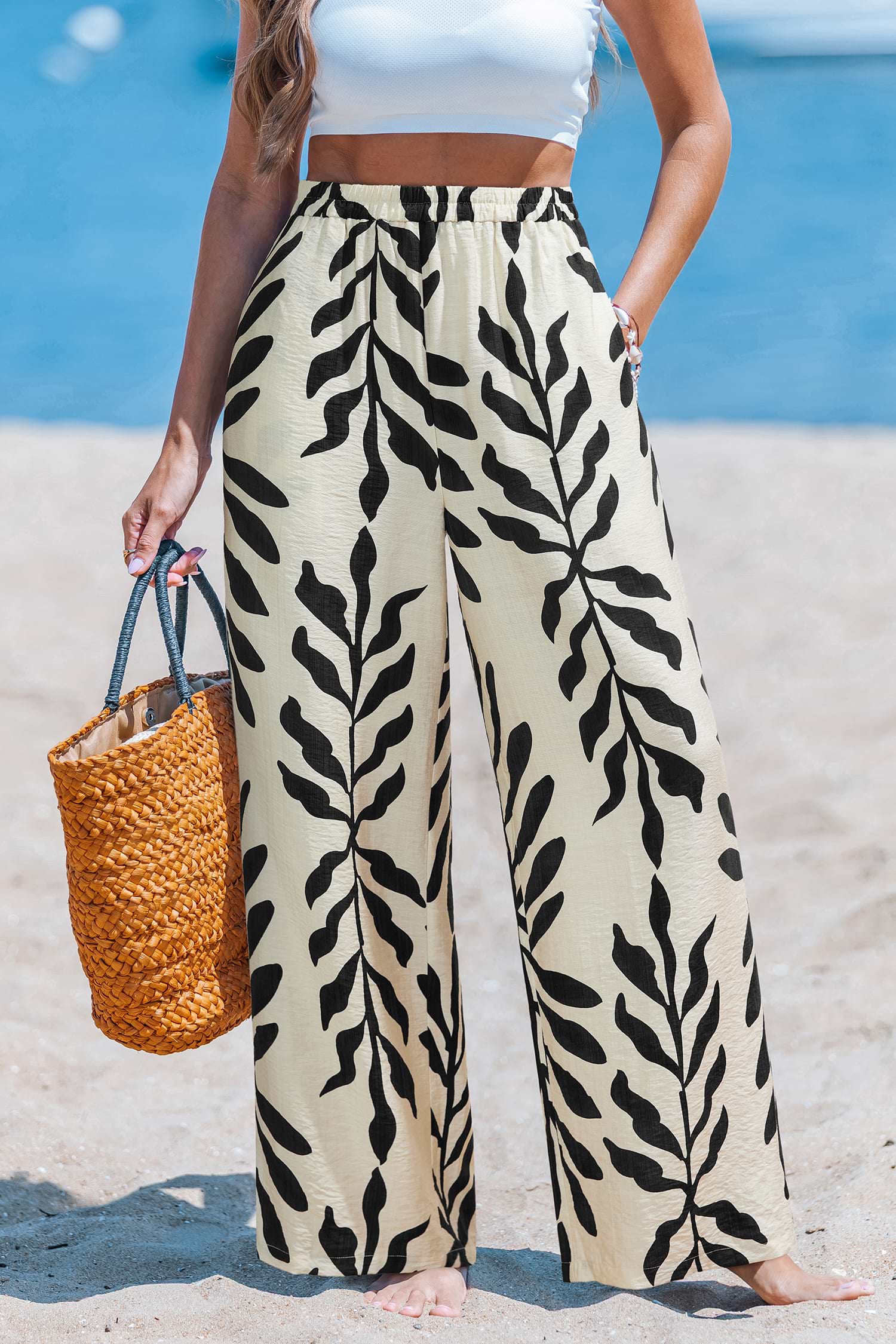Tropical Wide-Leg Pants with Elastic Waist for Vacation