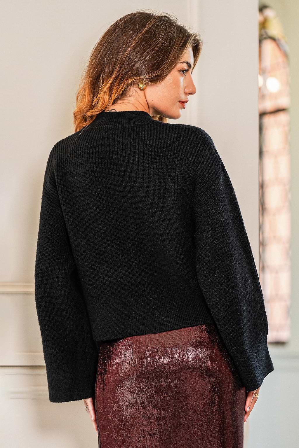 Dark Night High Neck Flared Sleeve Sweater