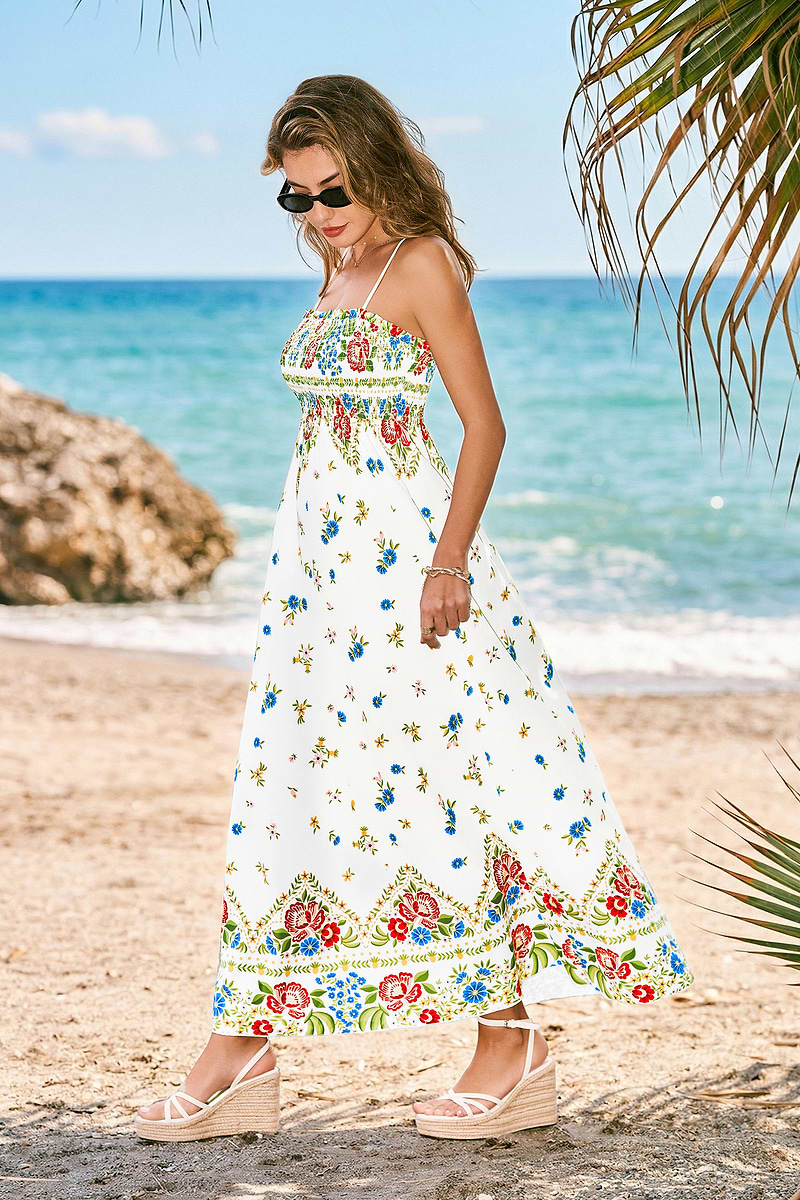 Robe longue florale multicolore col carré buste smocké
