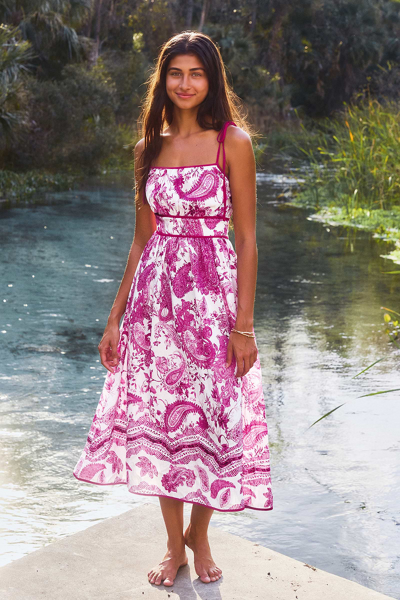 Lila Paisley Eckiger Ausschnitt Midi-Trägerkleid