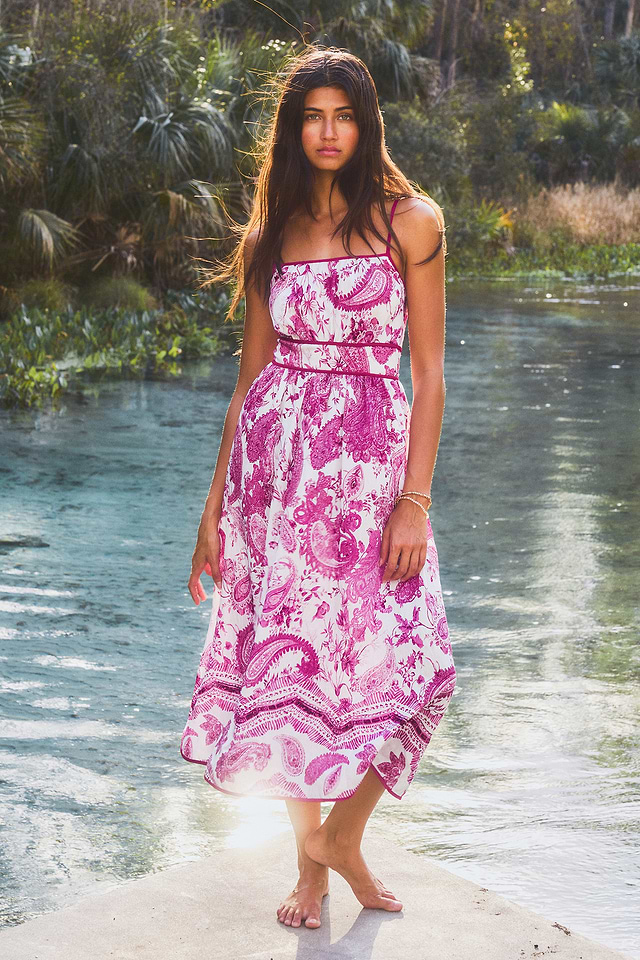 paisley pink dress Pink Paisley Square Neck Midi Dress for Vacation