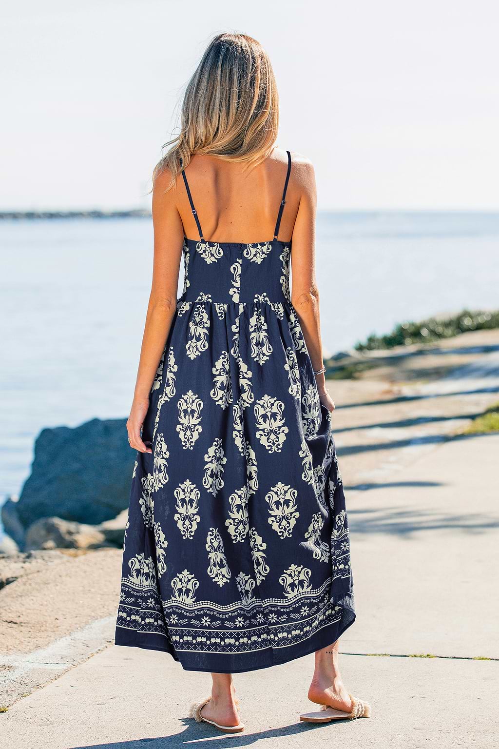 Blaues Ärmelloses Maxi-Strandkleid im Ethno-Stil