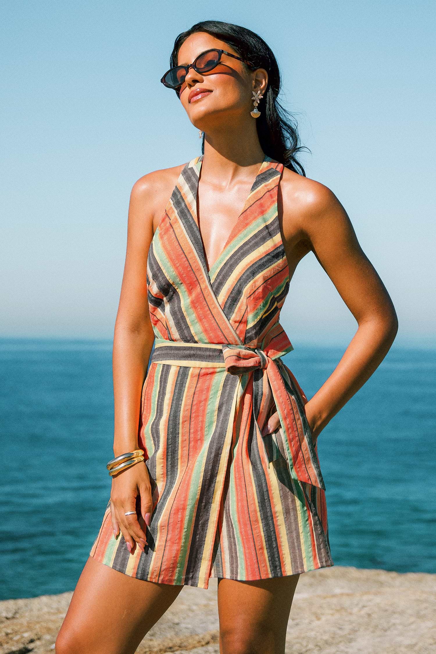 Striped Cotton Romper with Surplice Neck and Waist Tie