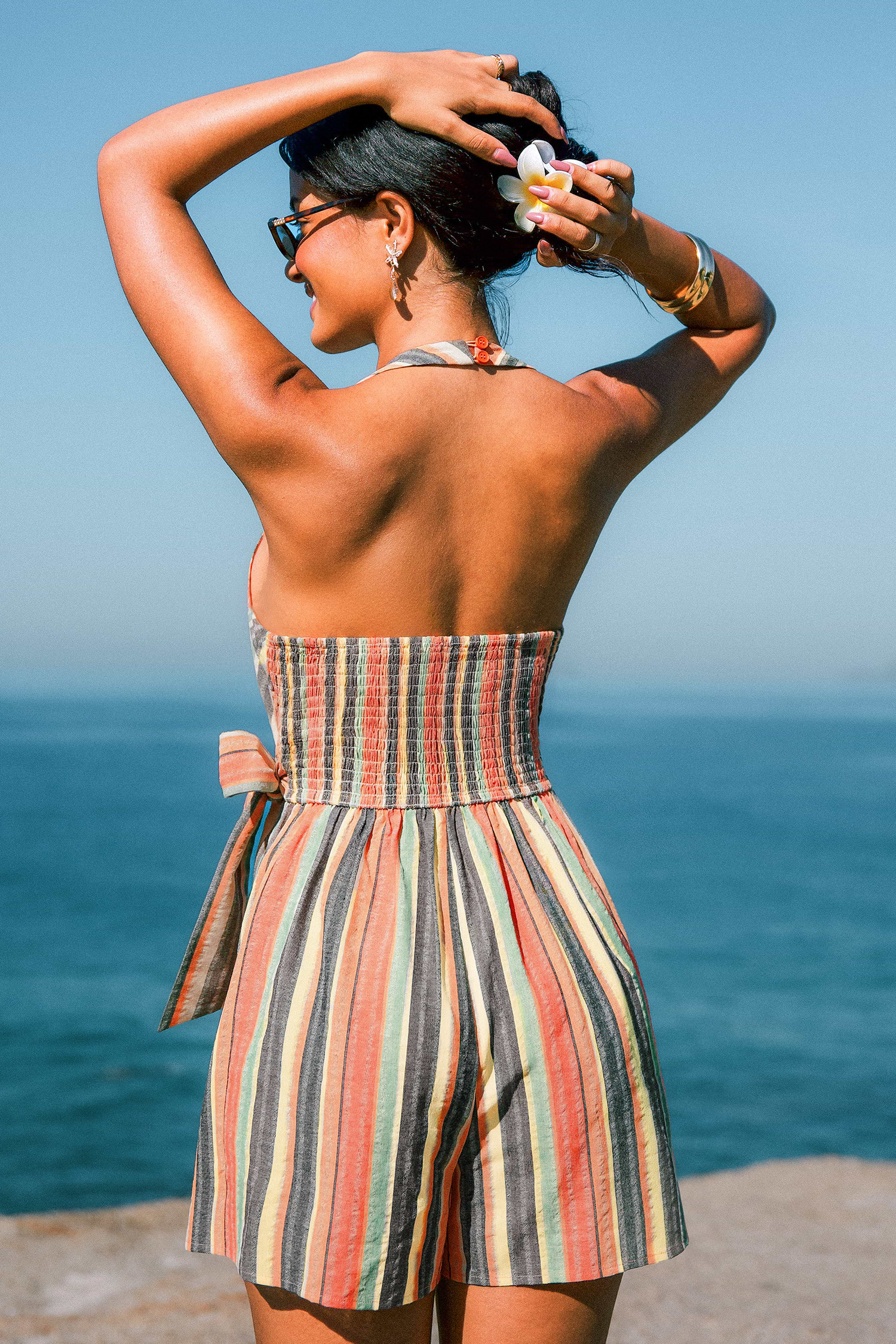 Striped Cotton Romper with Surplice Neck and Waist Tie