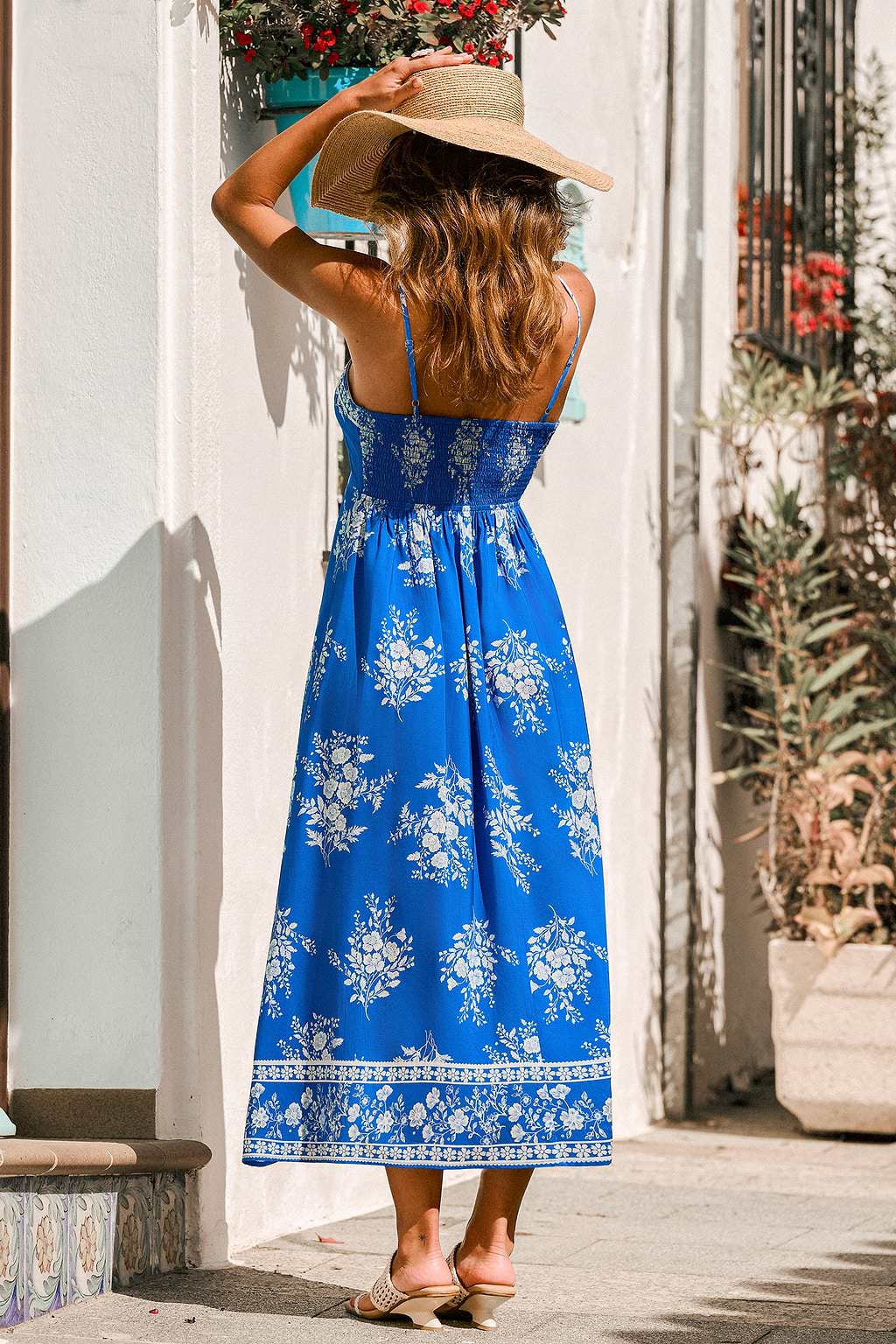 Blau Geblühmtes Gerader Ausschnitt Maxi-Strandkleid
