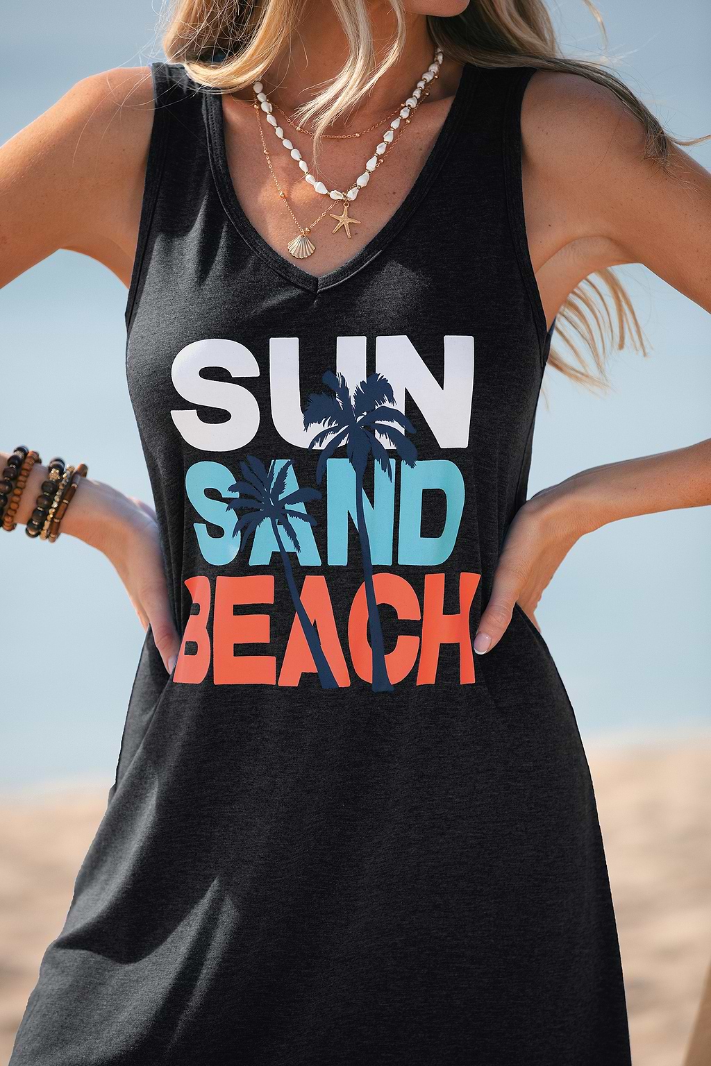 V-Ausschnitt Ärmelloses Mini-Strandkleid mit Grafik-Print