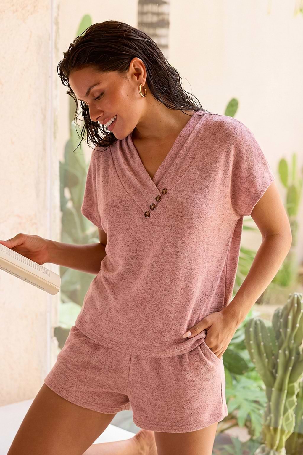 Rosa Lockeres Kurzarm Pyjama-Set