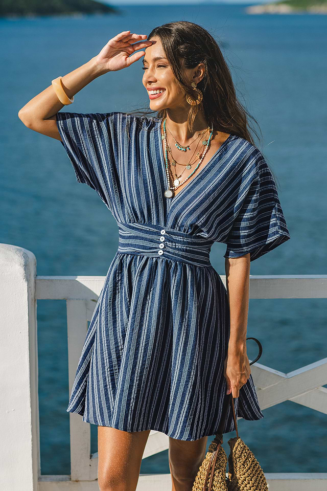 blue and white striped mini dress Smocked Dress-Blue Carly Stripe Swing Mini Dress-Blue