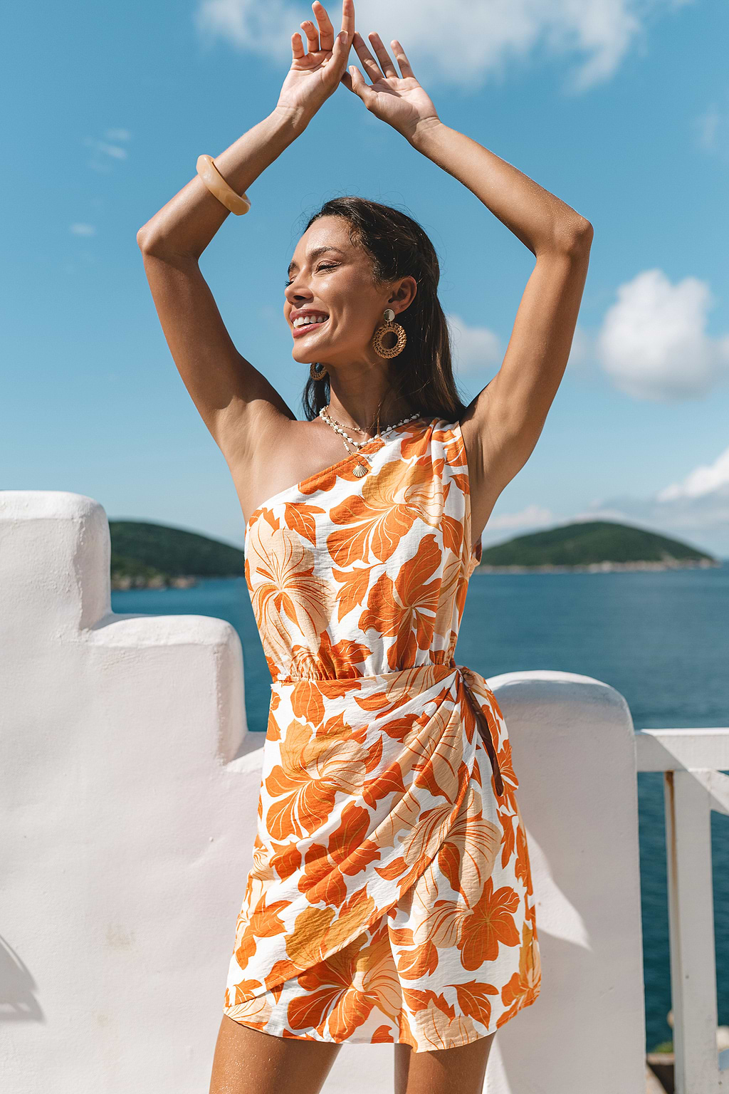 Golden Hibiscus Floral Mini Dress
