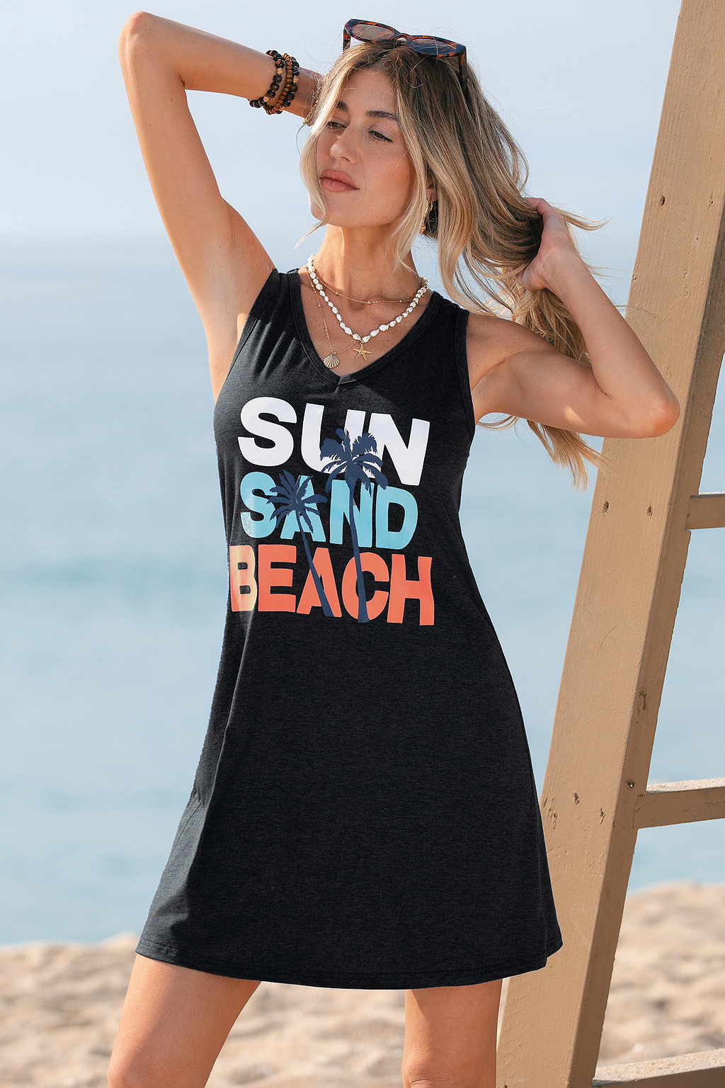 V-Ausschnitt Ärmelloses Mini-Strandkleid mit Grafik-Print