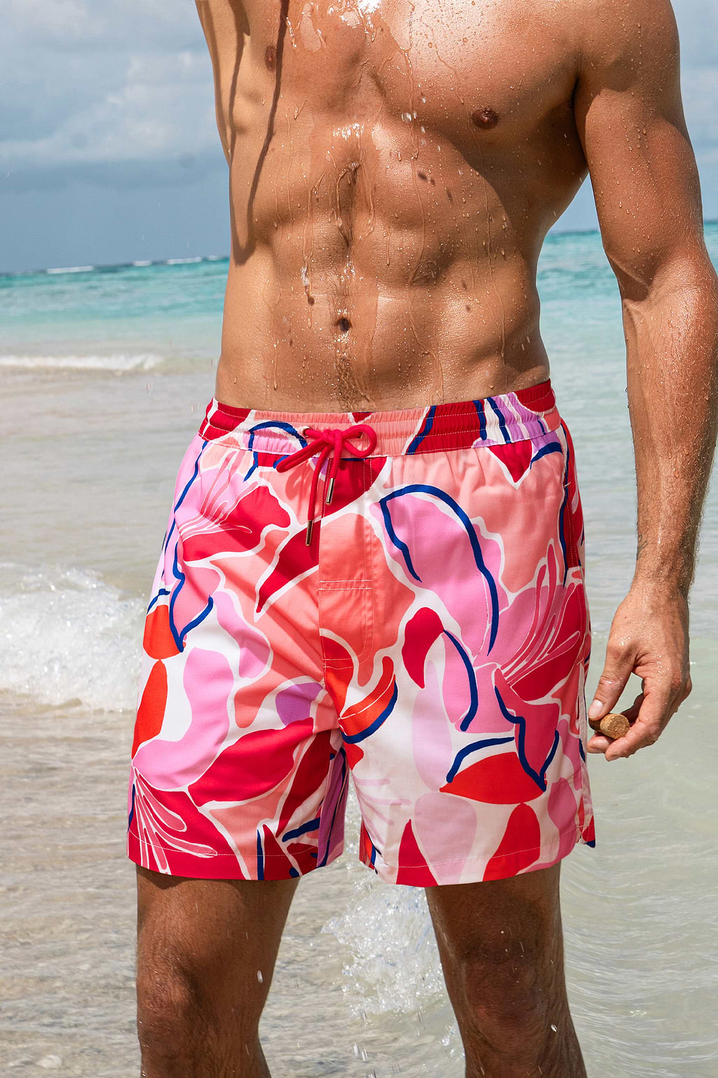 Rote Badeshorts für Herren mit Tunnelzug und Tasche