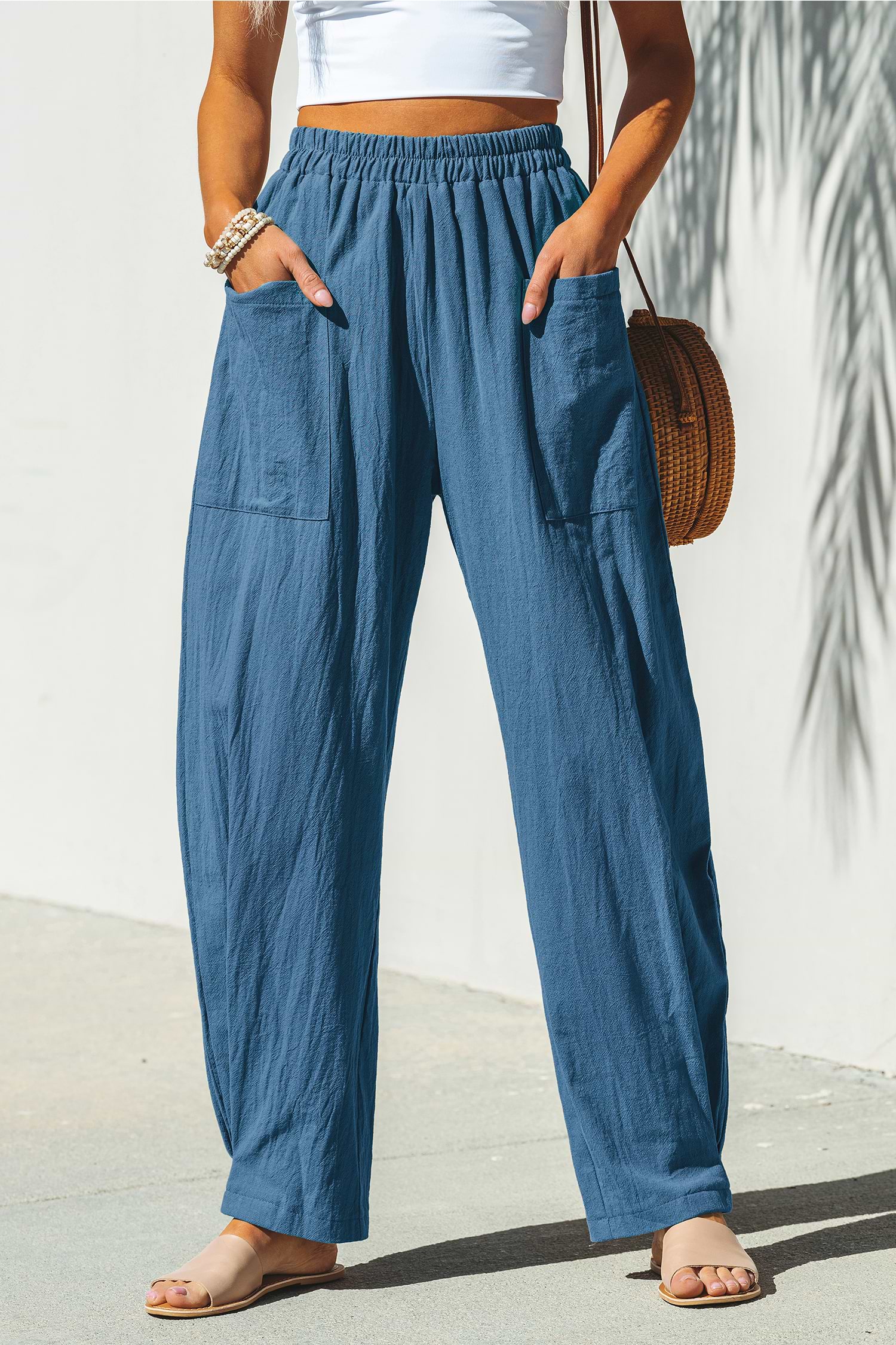 Blue Cotton Straight Leg Pants with Elastic Waist and Pockets