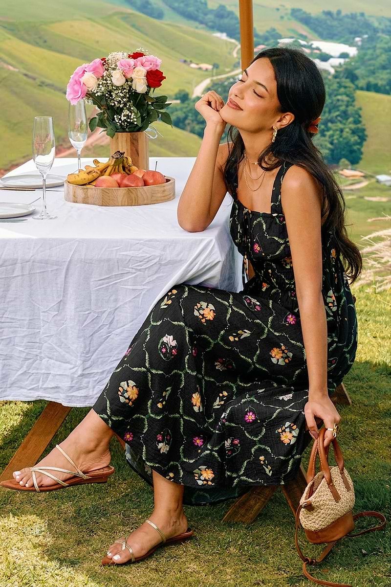 Geblümtes Midi-Cocktailkleid mit eckigem Ausschnitt