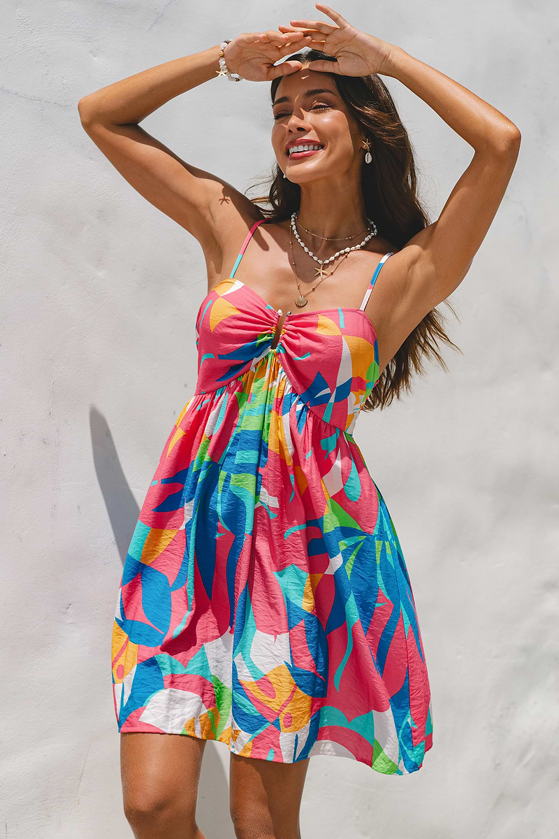 Buntes Herzausschnitt Ärmelloses Mini-Strandkleid