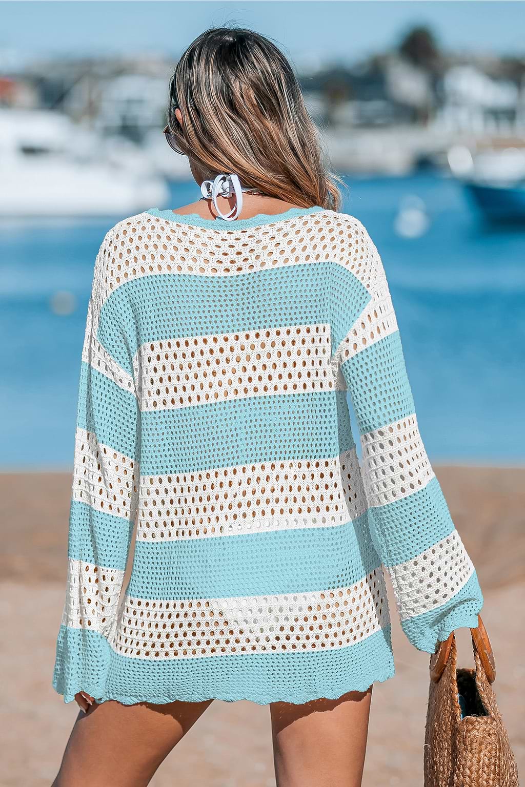 Blau Gestreiftes Rundhals Langarm Mini-Strick-Strandkleid