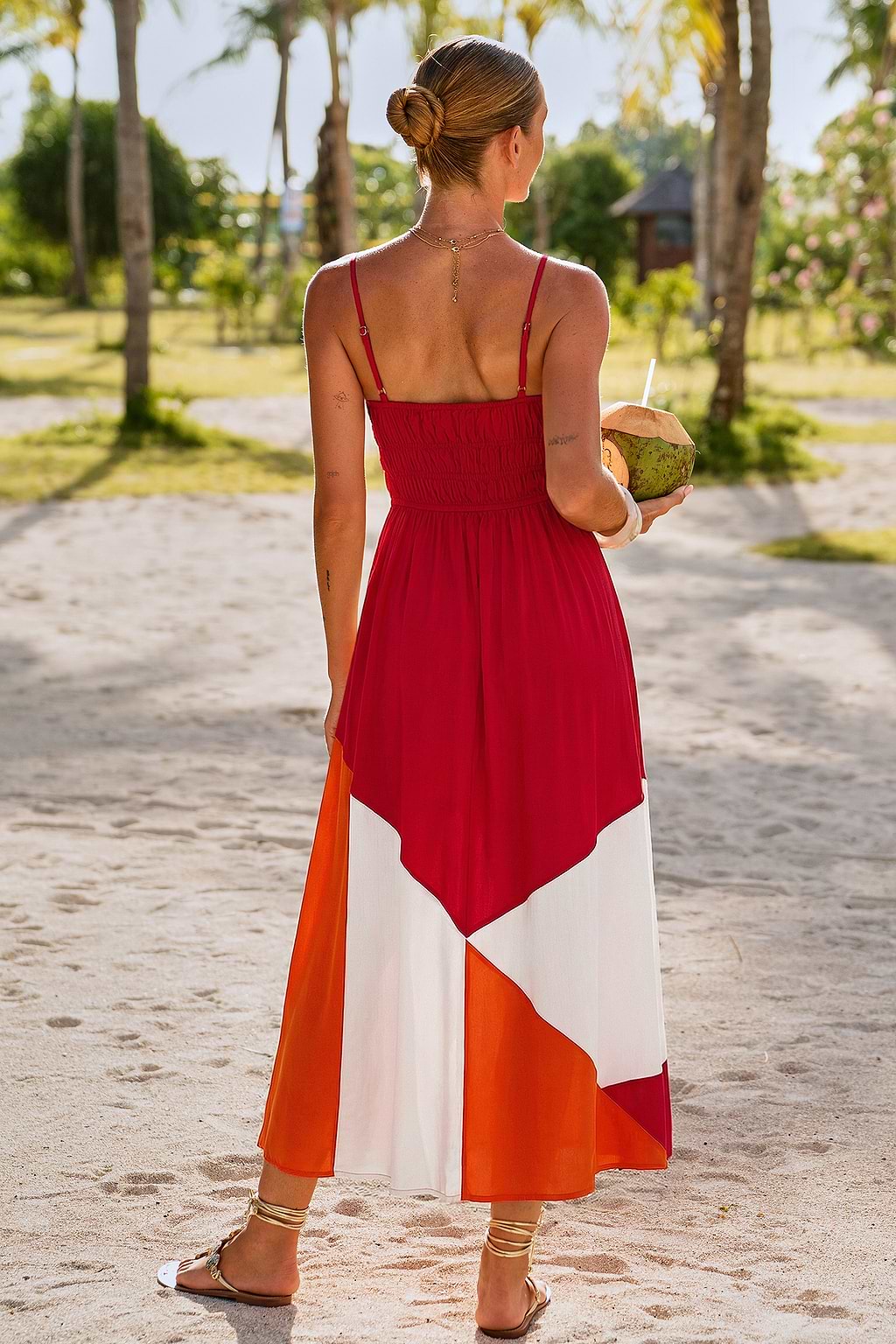 Rotes Farbblock Maxi-Strandkleid mit eckigem Ausschnitt