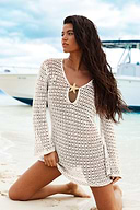 Weißes Tiefer Ausschnitt Langarm Mini-Strandkleid