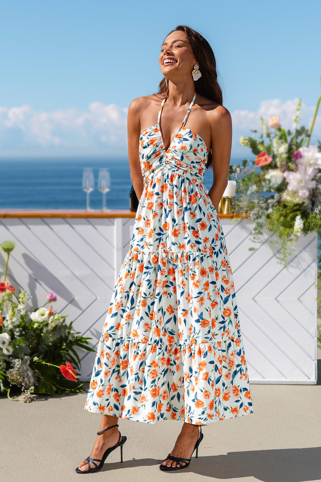 Robe longue tissée fleurie col plongeant