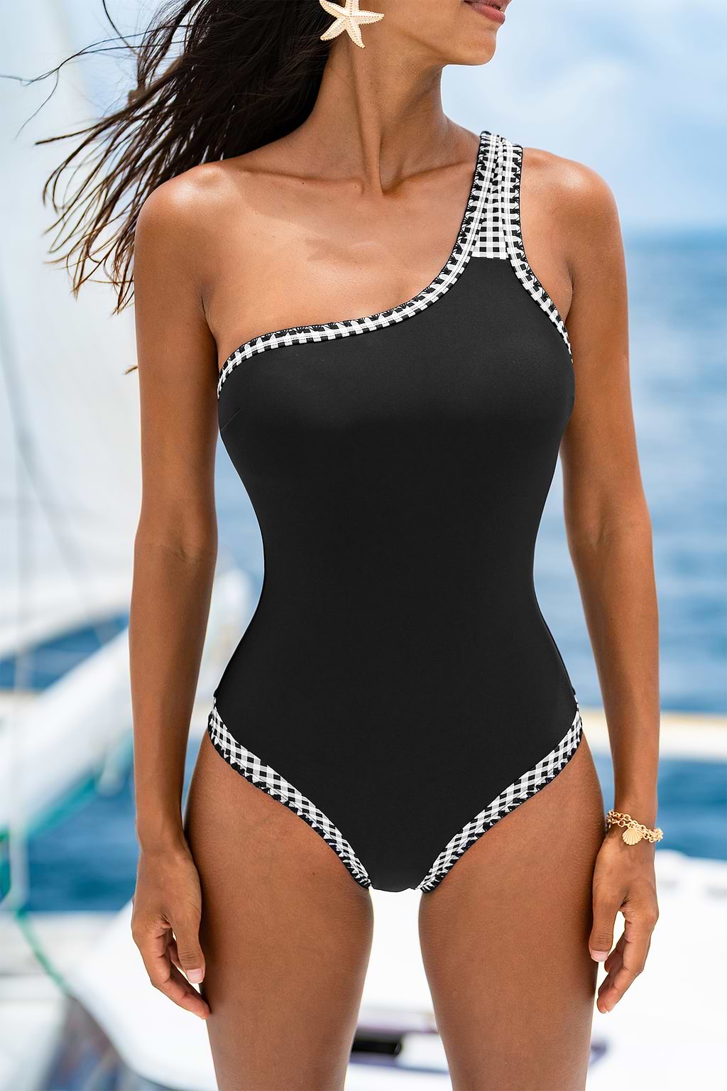 Maillot de bain une pièce noir col asymétrique bretelle ajustable
